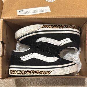 Vans Kids Black and White Shoes with Leopard Print